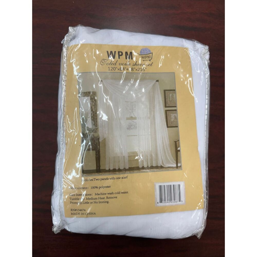 NWT WPM White Voile Sheer Curtain and Scarf Set